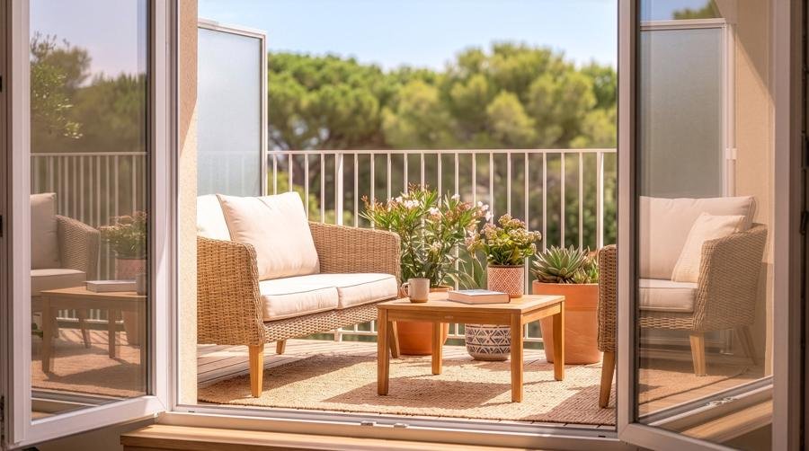 Balcon d'un logement à l'étage, vue sur les pins